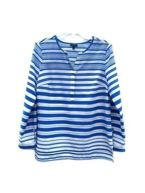 Talbots Blue Stripe Adjustable Sleeve Blouse Top Medium Petite PM